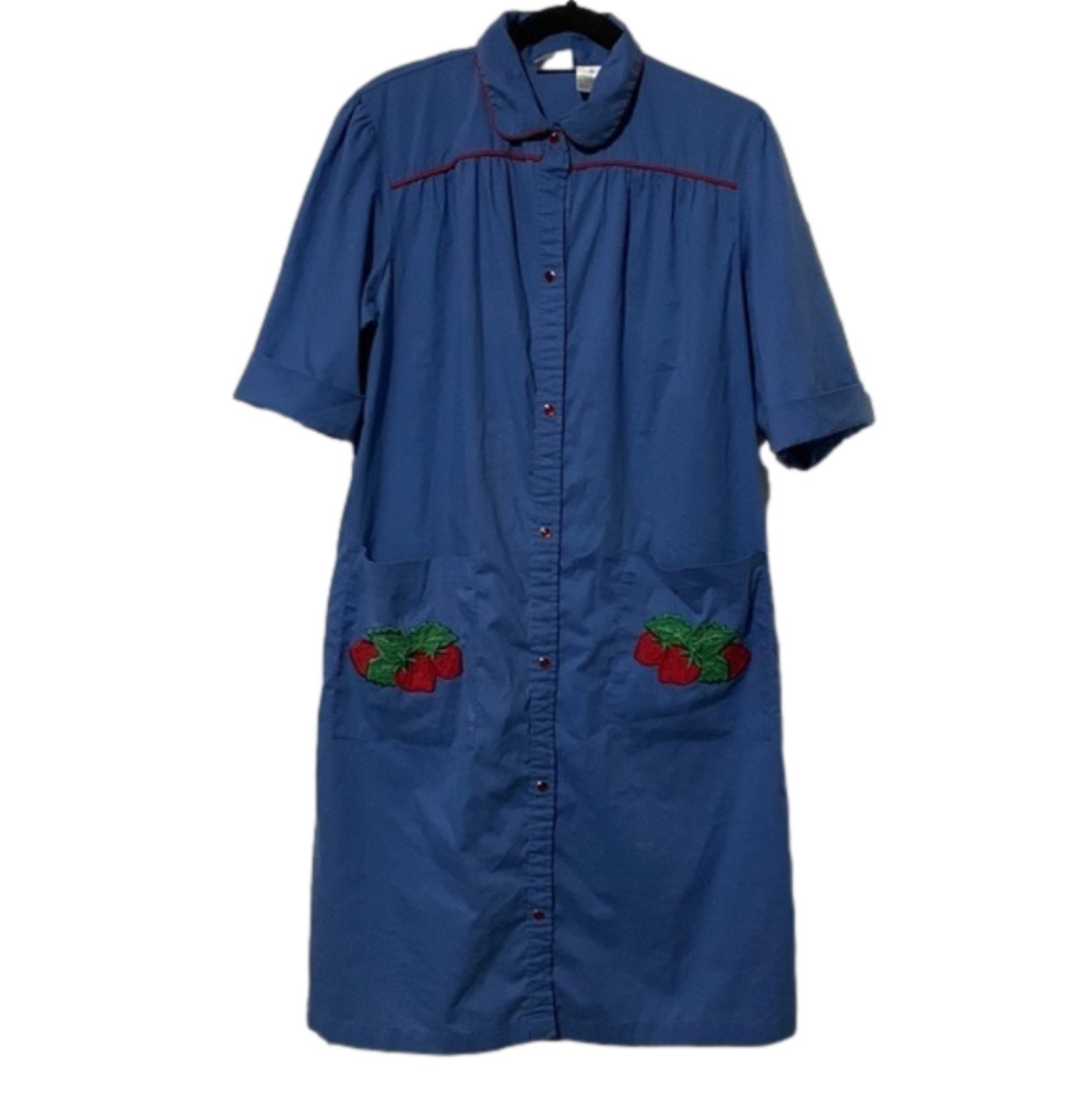 Simply Basic blue with strawberry appliqué on both front pockets snap nightgown